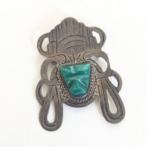 Vintage Mexico Sterling Silver 925 Tribal Carved Stone Aztec Mayan Pin Brooch